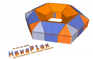 a model of a proposed multi-hexayurt design- 8 hexayurts worth of space, one giant tension ring and a courtyard. 